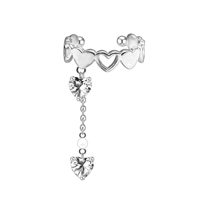 Platinum Plated Ear Cuff with Crystal Hearts and Chain
