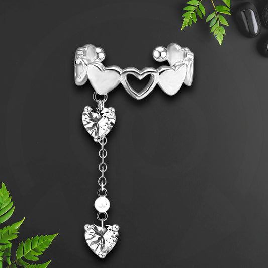 Platinum Plated Ear Cuff with Crystal Hearts and Chain