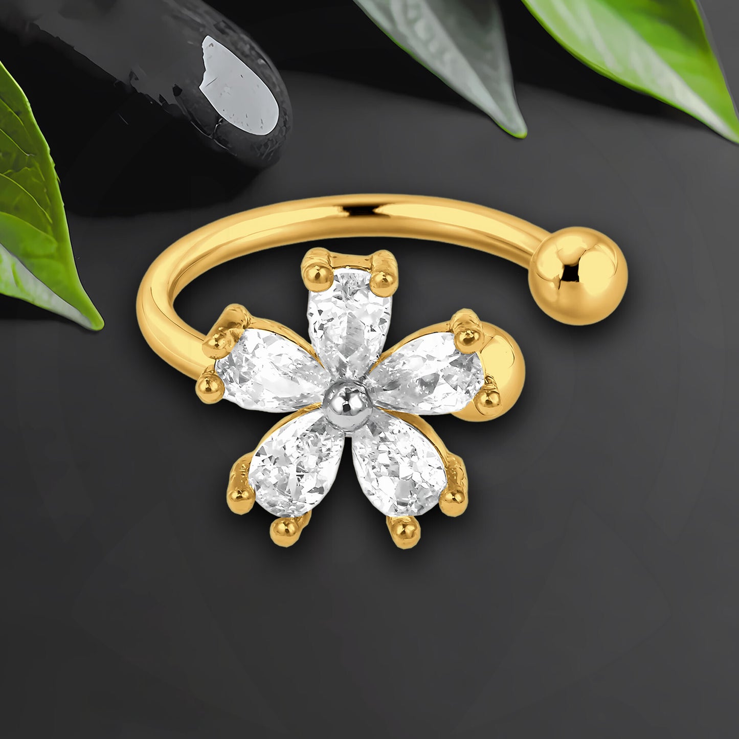Gold Plated Ear Cuff with Flower and Crystals