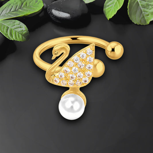 Gold Plated Ear Cuff with Crystal Swan and Pearl