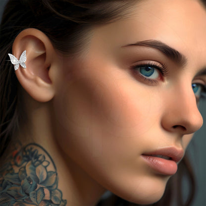 Platinum Plated Ear Cuff with Butterfly and Zirconia
