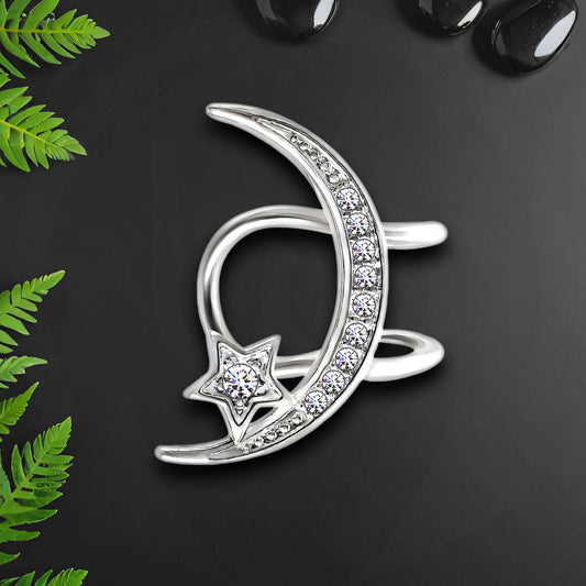 Platinum Plated Ear Cuff with Crystal Moon and Star
