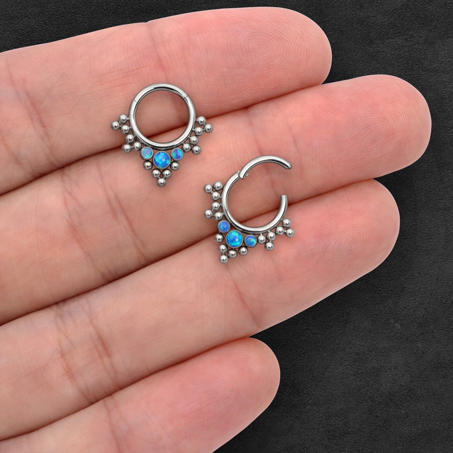 Titanium Clicker Ring with Bezel Set and Blue Opal