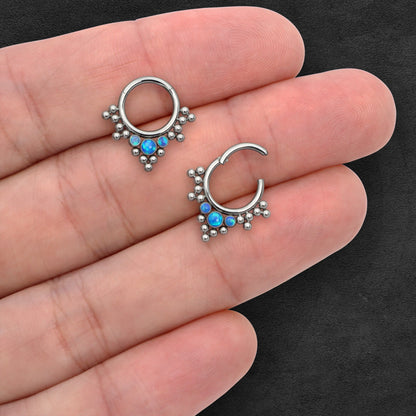 Titanium Clicker Ring with Bezel Set and Blue Opal
