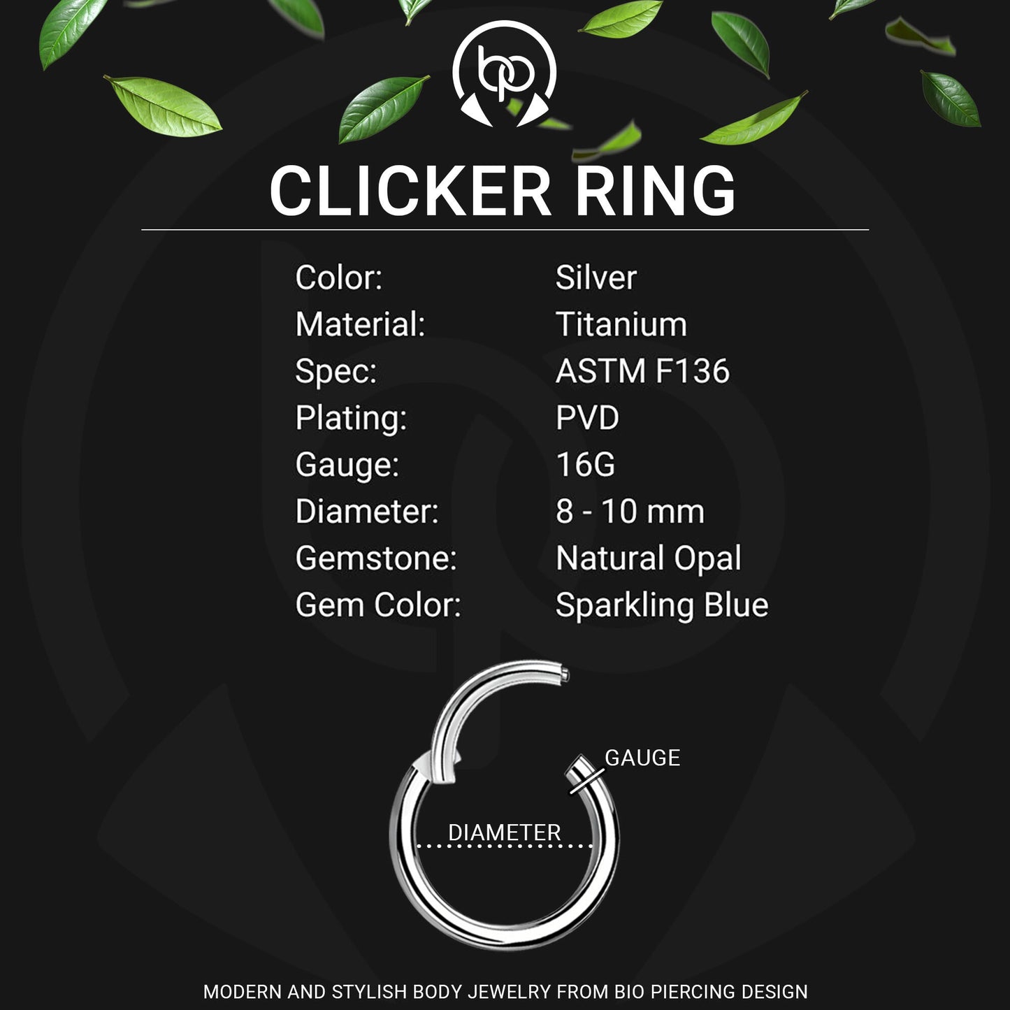Titanium Clicker Ring with Bezel Set and Blue Opal