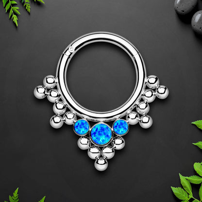 Titanium Clicker Ring with Bezel Set and Blue Opal