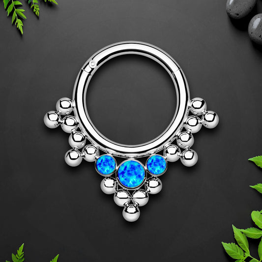 Titanium Clicker Ring with Bezel Set and Blue Opal