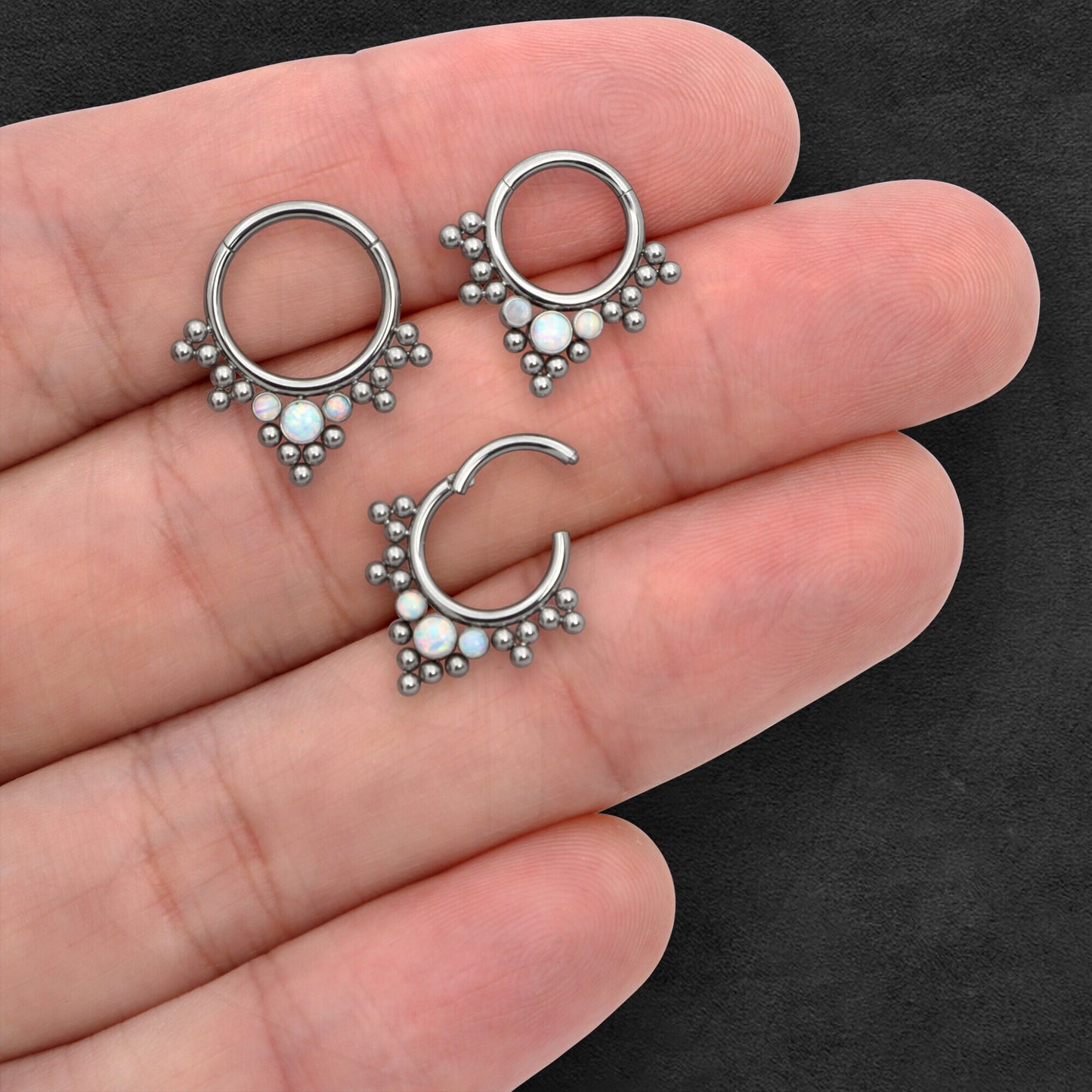 Titanium Clicker Ring with Bezel Set and White Opal