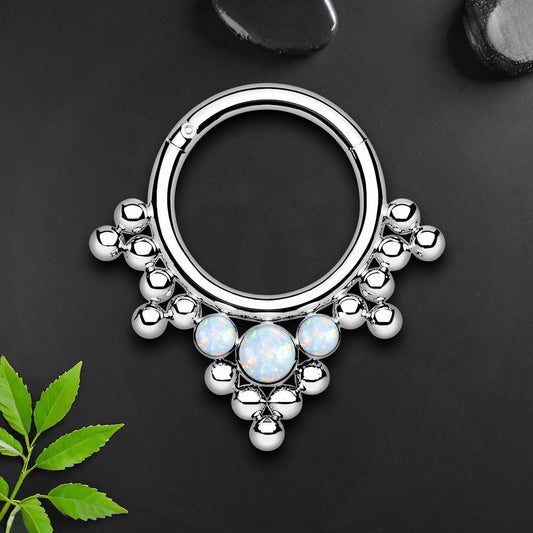 Titanium Clicker Ring with Bezel Set and White Opal