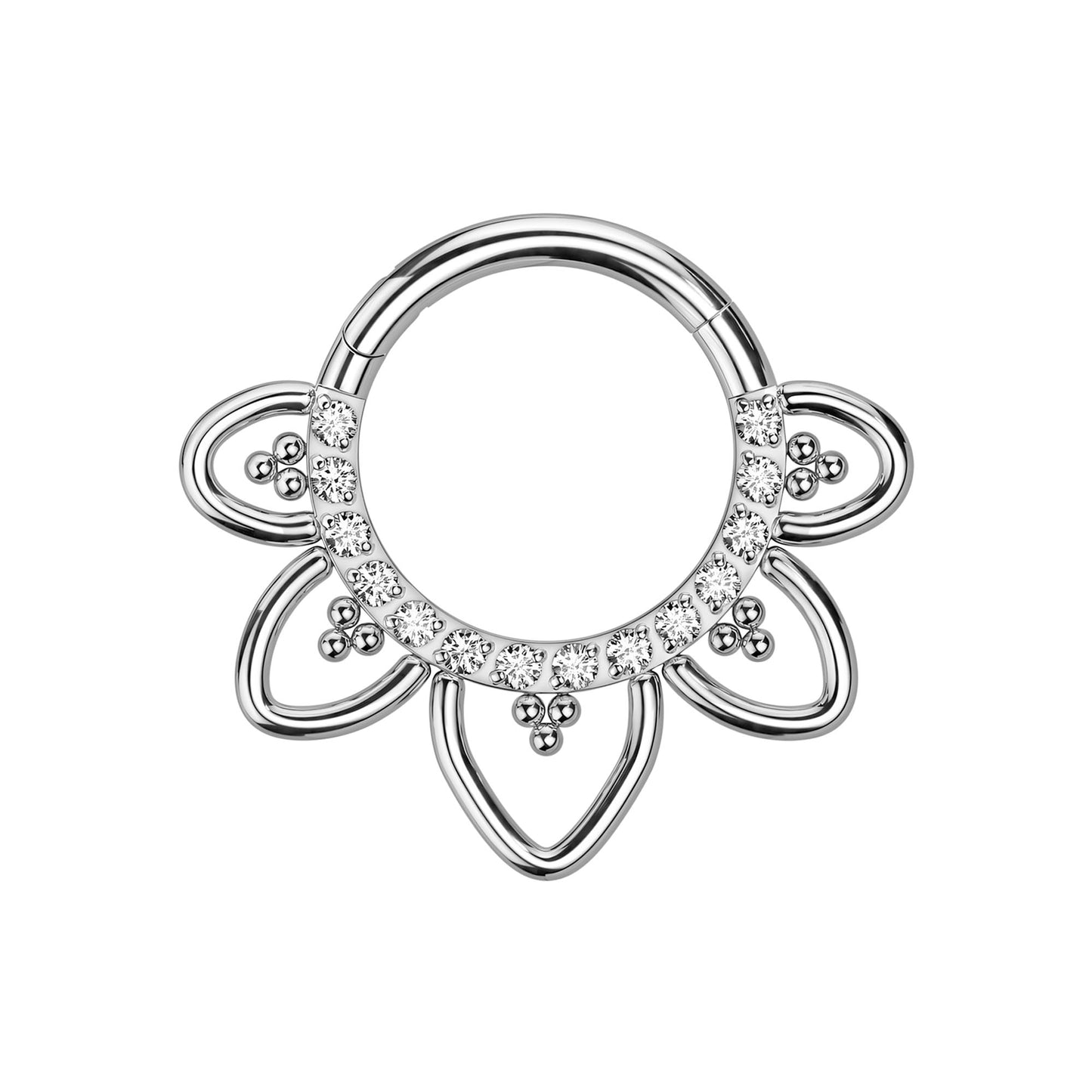 Titanium Clicker Ring with Flower Petals and Crystals