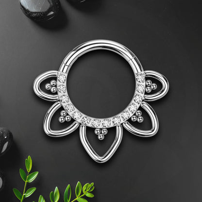 Titanium Clicker Ring with Flower Petals and Crystals