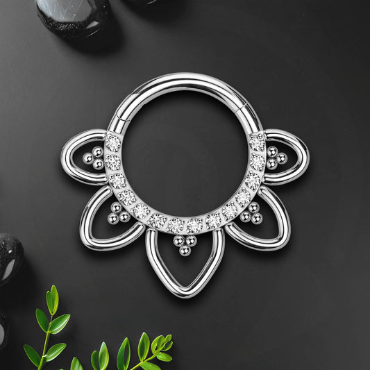 Titanium Clicker Ring with Flower Petals and Crystals