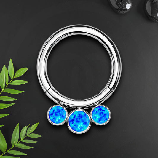 Titanium Clicker Ring with Blue Opal Bezel Set