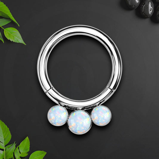 Titanium Clicker Ring with White Opal Bezel Set