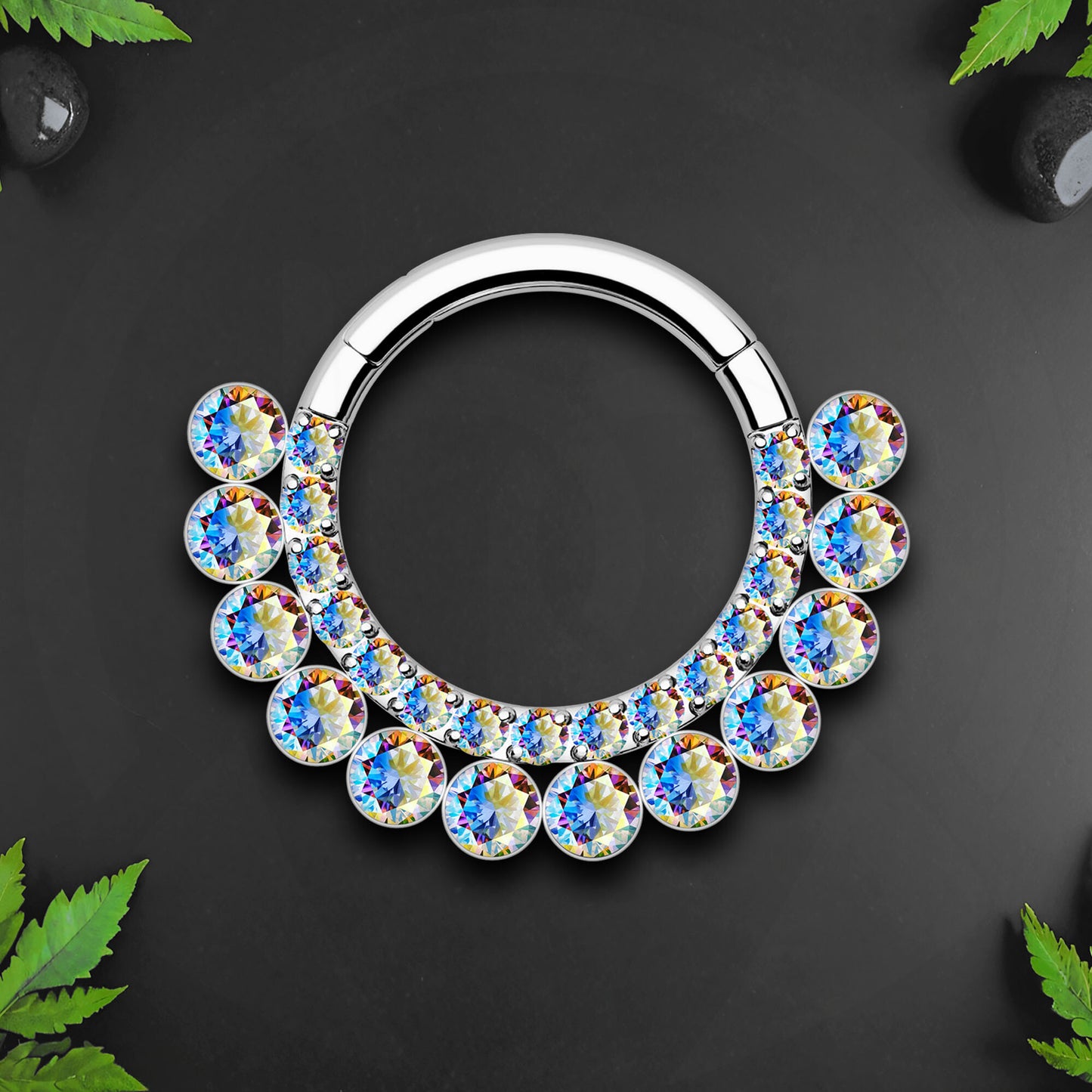 Titanium Clicker Ring with Double Raw Aurora Borealis CZ