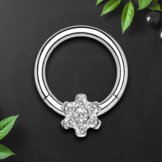 Titanium Clicker Ring with Flower Ornament