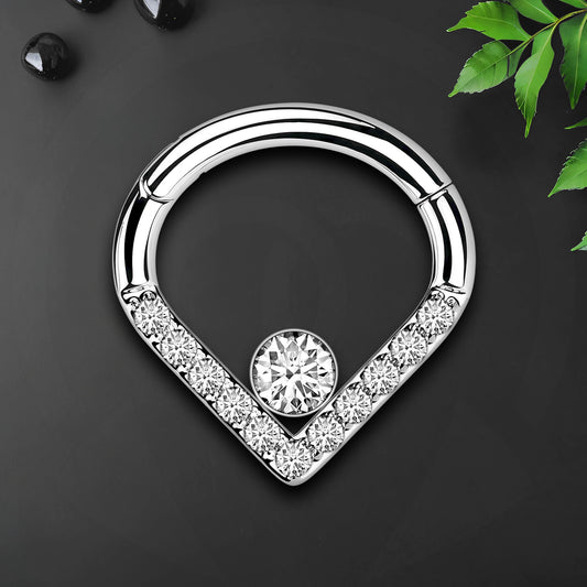 Titanium Clicker Ring in Teardrop Shape with Zirconia