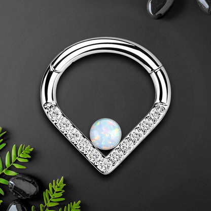 Titanium Clicker Ring in Teardrop Shape with White Opal