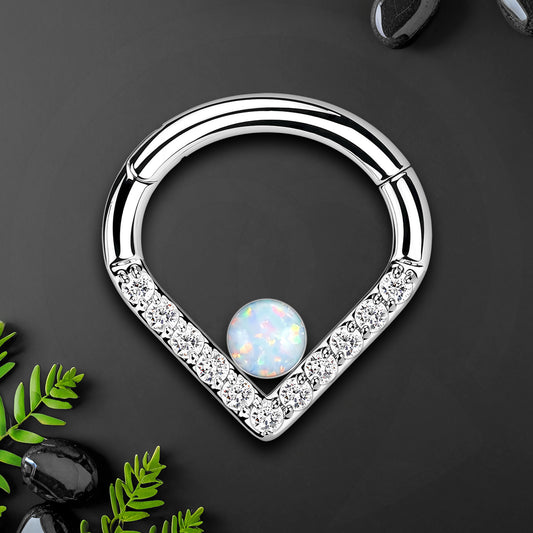 Titanium Clicker Ring in Teardrop Shape with White Opal