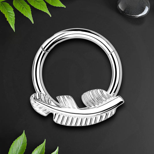 Titanium Clicker Ring with Feather Figure