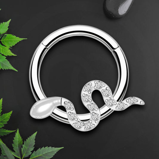 Titanium Clicker Ring with Snake Figure and Zirconia