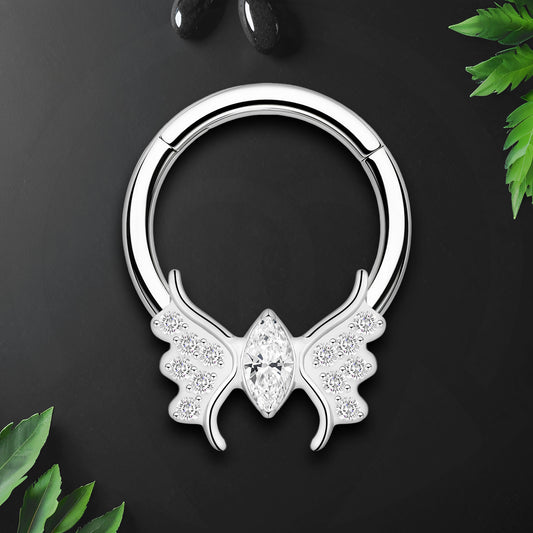 Titanium Clicker Ring with Butterfly and Clear CZ