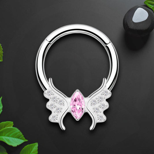 Titanium Clicker Ring with Butterfly and Pink CZ
