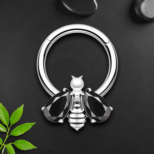 Titanium Clicker Ring with Bee Figure and Black Zirconia
