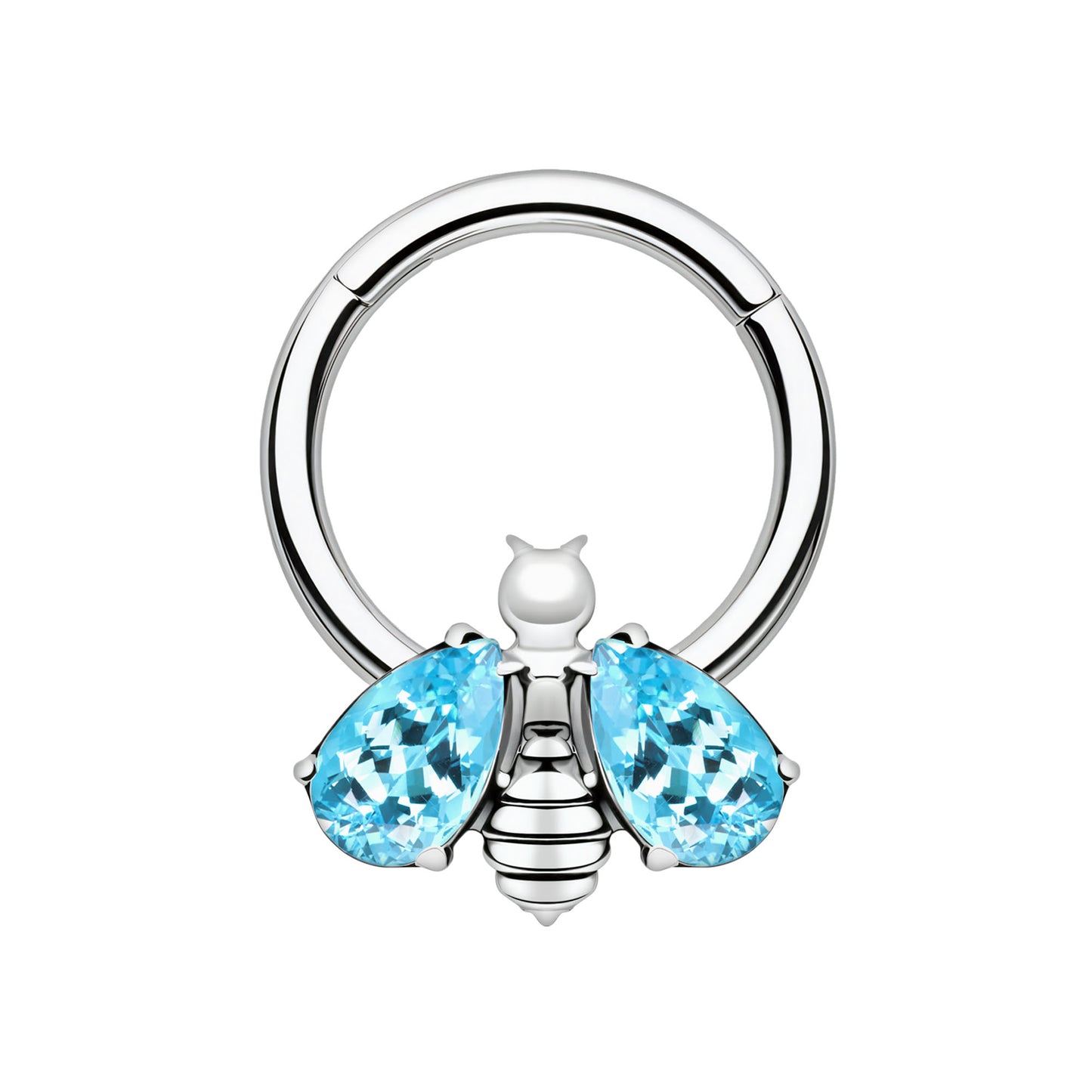 Titanium Clicker Ring with Bee Figure and Aqua Zirconia