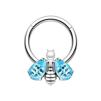 Titanium Clicker Ring with Bee Figure and Aqua Zirconia