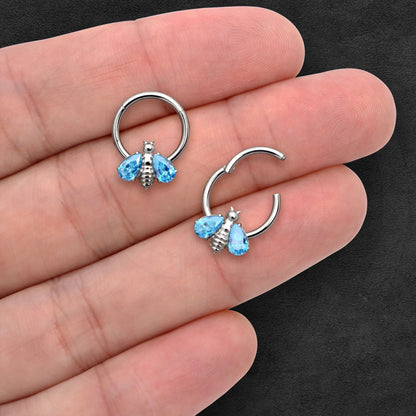 Titanium Clicker Ring with Bee Figure and Aqua Zirconia