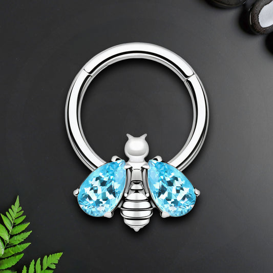 Titanium Clicker Ring with Bee Figure and Aqua Zirconia
