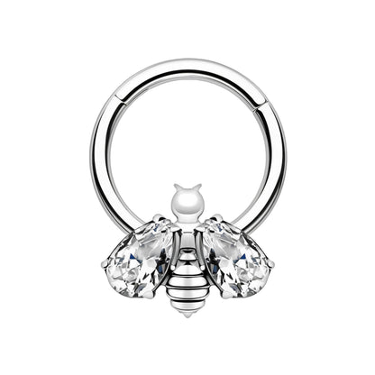 Titanium Clicker Ring with Bee Figure and Clear Zirconia