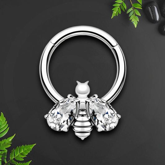 Titanium Clicker Ring with Bee Figure and Clear Zirconia