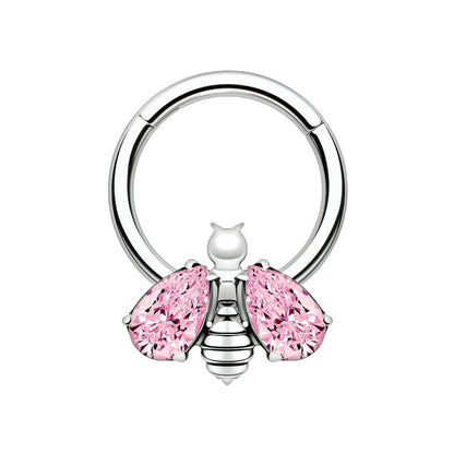 Titanium Clicker Ring with Bee Figure and Pink Zirconia