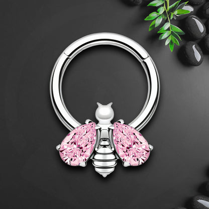 Titanium Clicker Ring with Bee Figure and Pink Zirconia