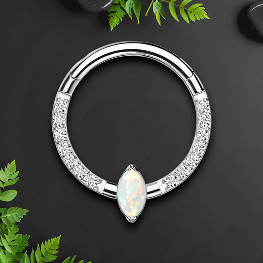 Titanium Clicker Ring with Marquise White Opal