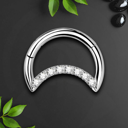 Titanium Clicker Ring in Crescent Shape with CZ