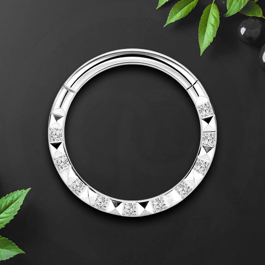 Titanium Clicker Ring with Pyramid Pattern and CZ