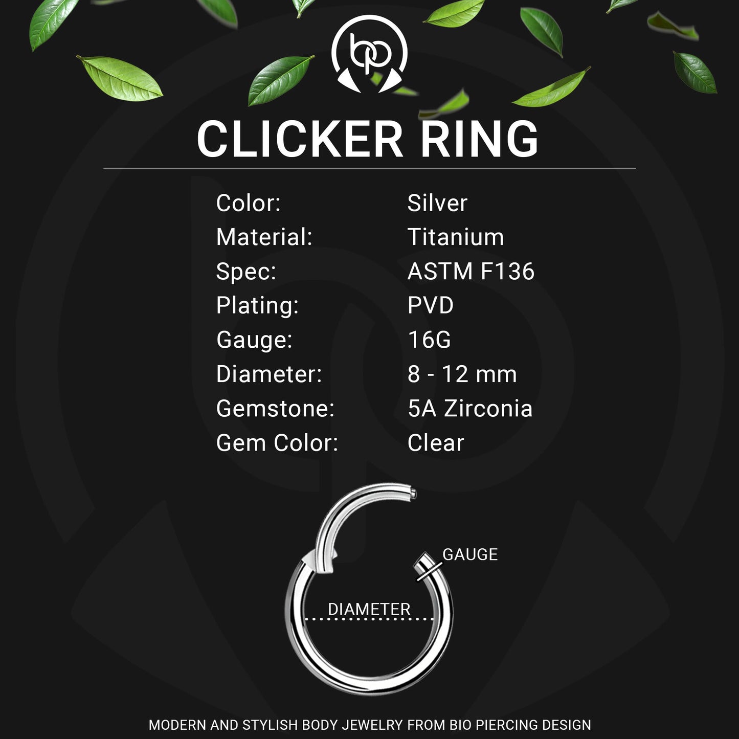 Titanium Clicker Ring in D Shape with Face Side CZ