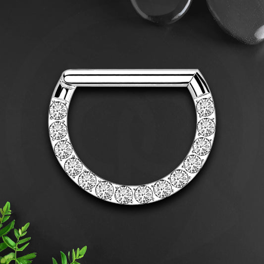 Titanium Clicker Ring in D Shape with Face Side CZ