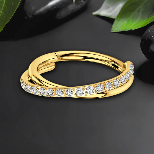 Titanium Clicker Ring with Double Crossing Hoops and CZ