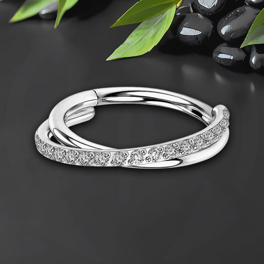 Titanium Clicker Ring with Double Crossing Hoops and CZ