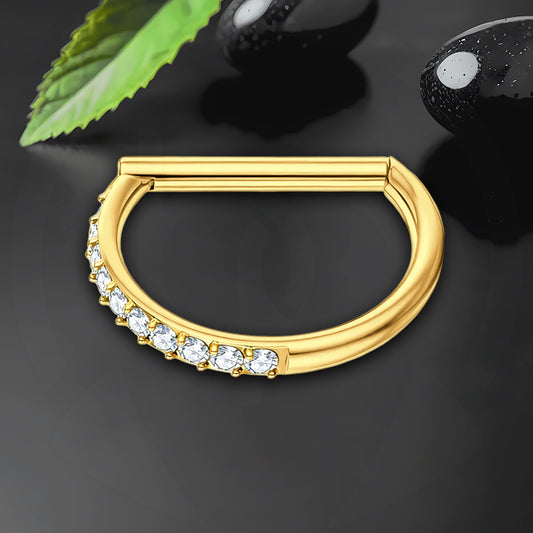 Titanium Clicker Ring in D Shape Style and Half Side CZ