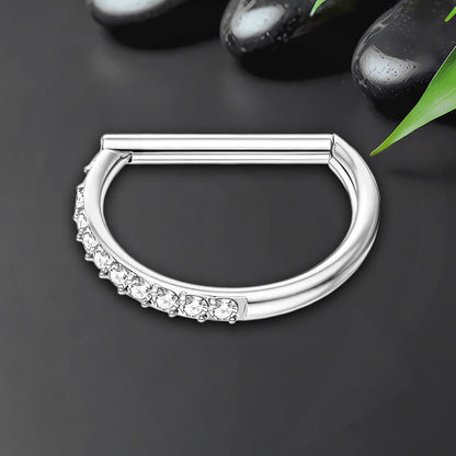 Titanium Clicker Ring in D Shape Style and Half Side CZ