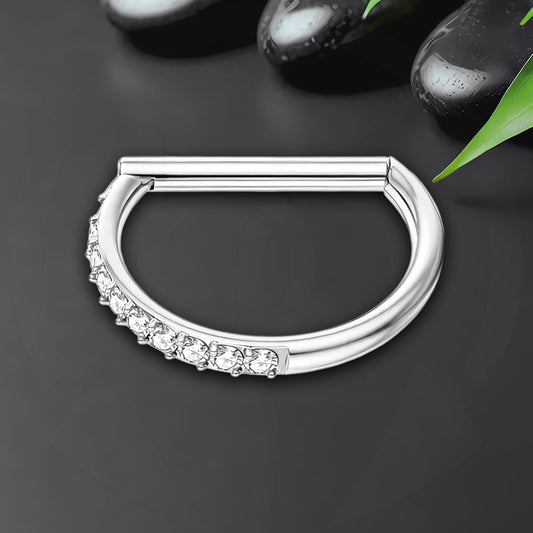 Titanium Clicker Ring in D Shape Style and Half Side CZ