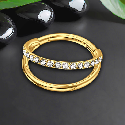 Titanium Clicker Ring with Double Hoops and One Hoop CZ