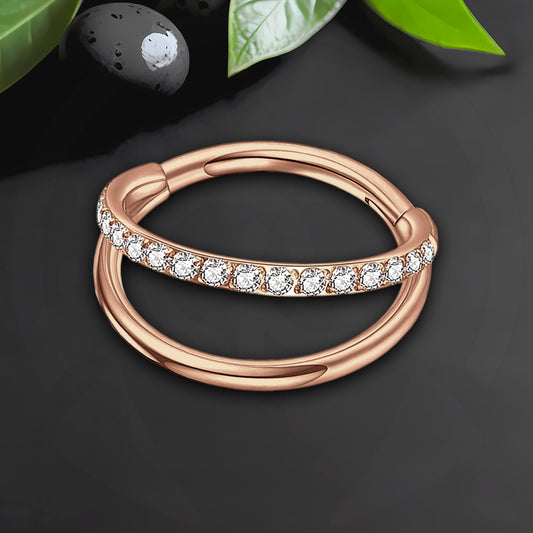 Titanium Clicker Ring with Double Hoops and One Hoop CZ