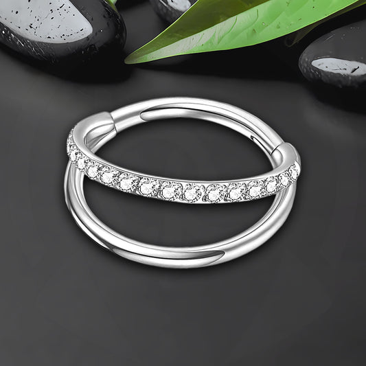 Titanium Clicker Ring with Double Hoops and One Hoop CZ