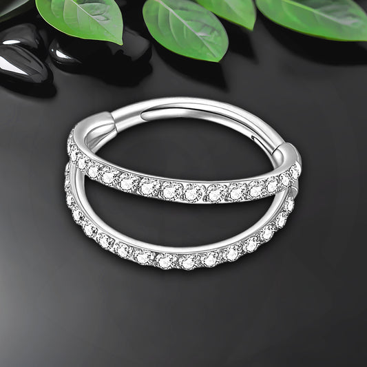 Titanium Clicker Ring in Double Hoops Style and Zirconia